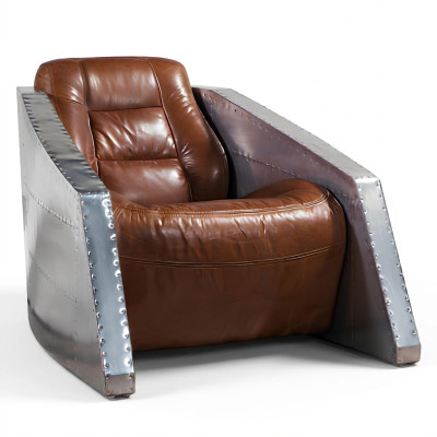 Sillón de cuero de diseño de avión, sillón de club de cuero, sillón de aviador vintage