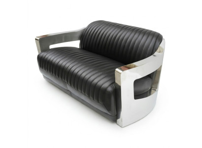Sofá de cuero de tres plazas Aviator Avión Aluminio Muebles Vintage