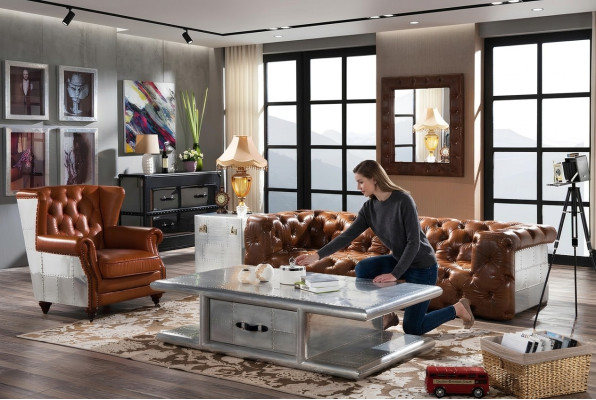 Sofá de cuero de 3 plazas estilo vintage, mueble de cuero de aluminio para tres personas.