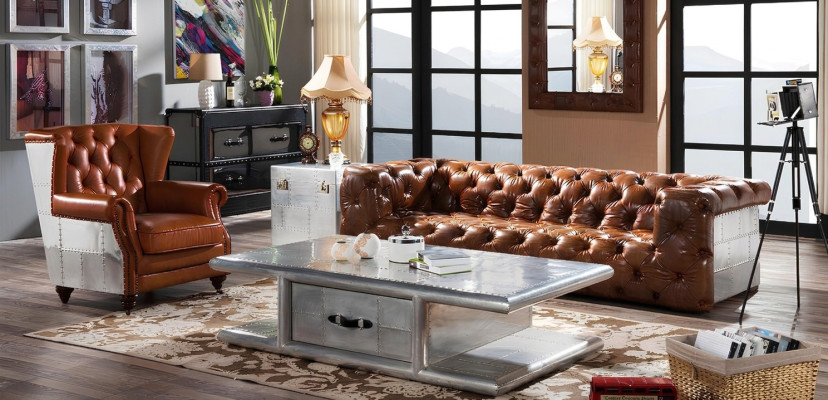Sofá de cuero de 3 plazas estilo vintage, mueble de cuero de aluminio para tres personas.