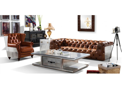 Sofá de cuero de 3 plazas estilo vintage, mueble de cuero de aluminio para tres personas.