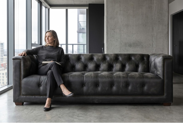 Chesterfield Vintage Negro Cuero Raído Sofá de Cuero Sofá Sofá