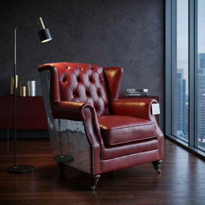 Sillón de orejas de cuero auténtico vintage Chesterfield sillón de televisión sillón de cuero nuevo