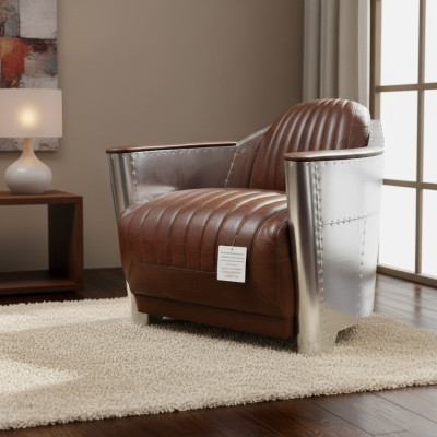 Sillón de club en estilo aviador, diseño de sala de estar, cromo, cuero Art Deco, cóctel.