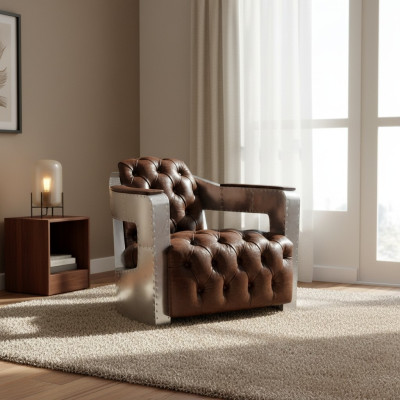 Hermosa silla de orejas vintage Chesterfield de aviador de club.