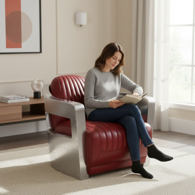 Sillón vintage de cuero rojo auténtico, diseño retro de sillón de club aviador.