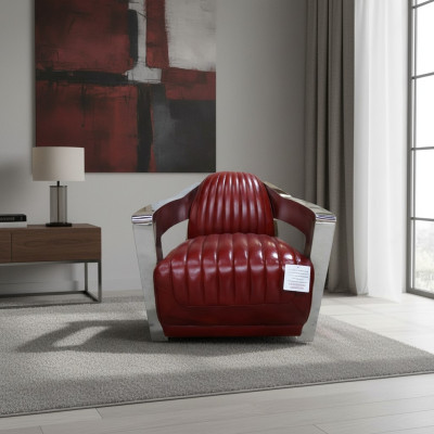 Sillón vintage de cuero rojo auténtico, diseño retro de sillón de club aviador.