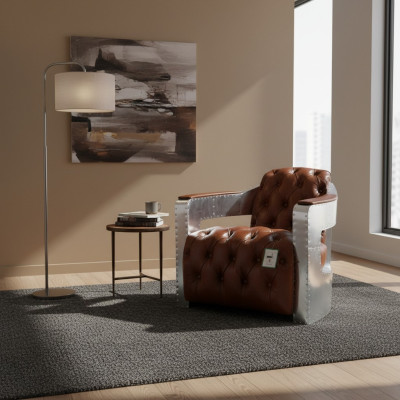 Chesterfield Sillón Botón Cerrado Sentarse Desgastado Vintage Bronceado Cuero genuino