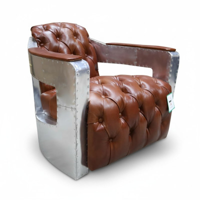 Chesterfield Sillón Botón Cerrado Sentarse Desgastado Vintage Bronceado Cuero genuino