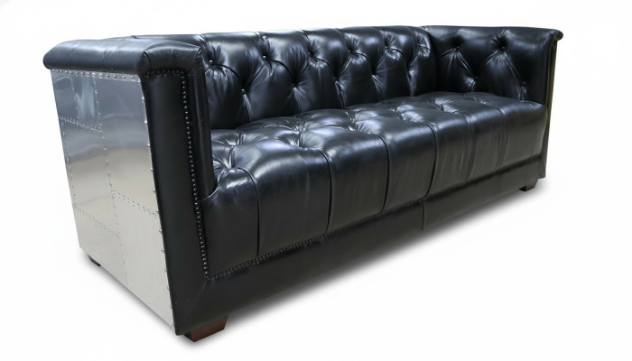 Sofá Chesterfield de 3 plazas Vintage Avión de piloto de cuero real en aluminio.
