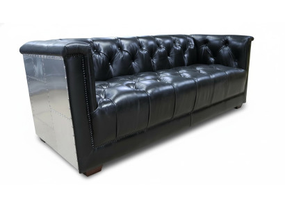 Sofá Chesterfield de 3 plazas Vintage Avión de piloto de cuero real en aluminio.