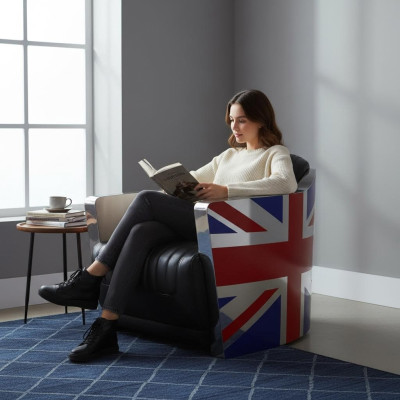 Cuero genuino Sillón de cuero vintage Sillón decorativo Diseño cohete Union Jack Vintage.