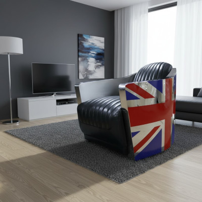 Cuero genuino Sillón de cuero vintage Sillón decorativo Diseño cohete Union Jack Vintage.