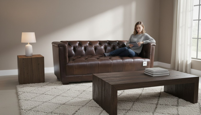 Sofá de 3 plazas Chesterfield de estilo vintage, color marrón envejecido de cuero desgastado.