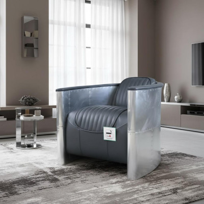 Cuero auténtico, silla de aluminio, color coñac, silla de avión decorativa, sillón Aviator con reposabrazos, nuevo.