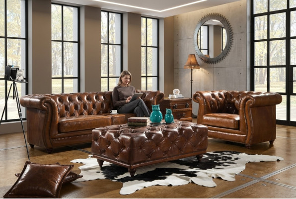 Sofá Chesterfield vintage de cuero de 3+1 plazas conjunto de 2 piezas.