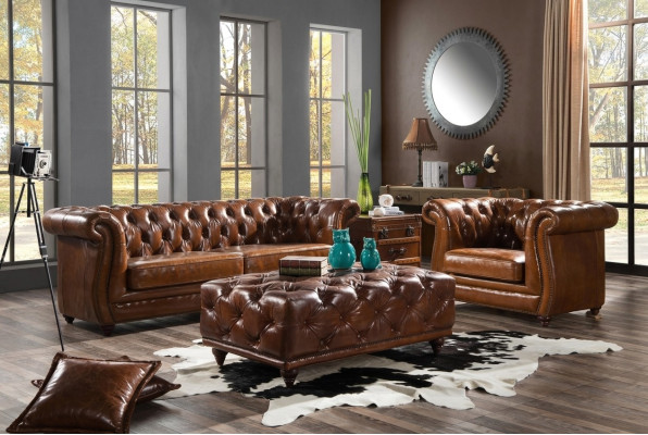 Sofá Chesterfield vintage de cuero de 3+1 plazas conjunto de 2 piezas.