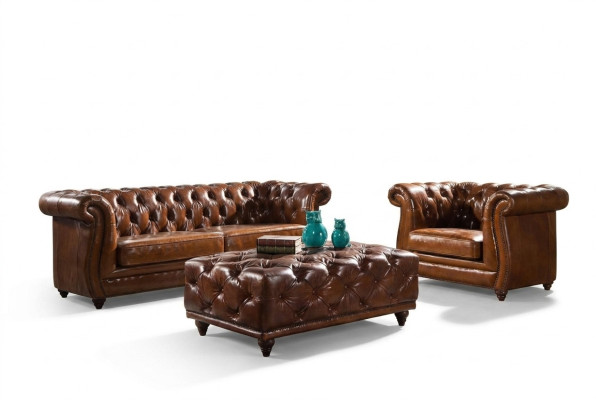 Sofá Chesterfield vintage de cuero de 3+1 plazas conjunto de 2 piezas.