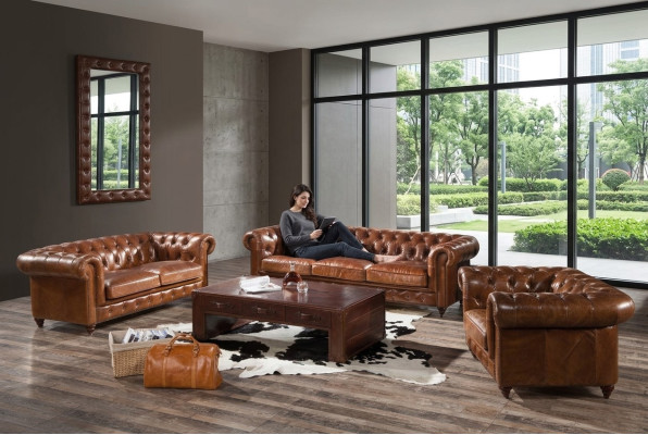 Diseño Club Lounge Sofá de 4 plazas Sofá de cuero vintage Chesterfield de 3 plazas