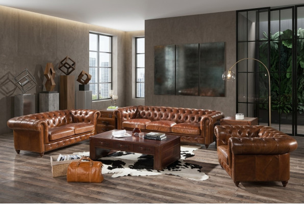 Diseño Club Lounge Sofá de 4 plazas Sofá de cuero vintage Chesterfield de 3 plazas