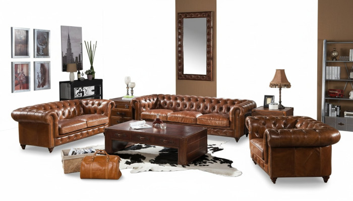 Diseño Club Lounge Sofá de 4 plazas Sofá de cuero vintage Chesterfield de 3 plazas