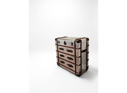 Cómoda de aluminio estilo vintage, aparador de maletas de aviador, muebles de diseñador.