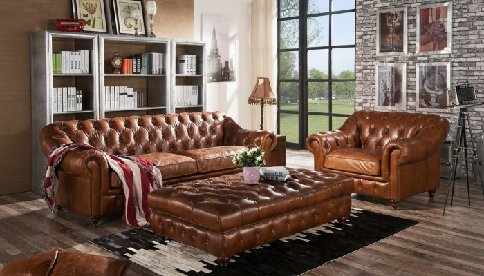Sofá Chesterfield vintage conjunto de sofá tapizado en cuero de 3+1 plazas, juego de 2 piezas.