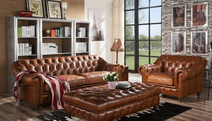 Diseño Chesterfield tres plazas sofá de cuero acolchado sofás sofá asiento nuevo