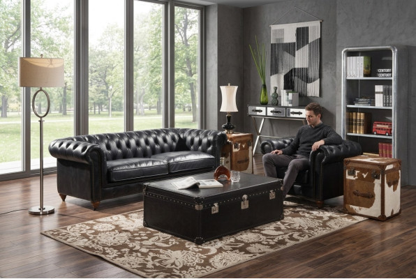 Sofá Chesterfield de 3 plazas con sillón de cuero vintage negro, estilo de muebles en 2 piezas. Nuevo.