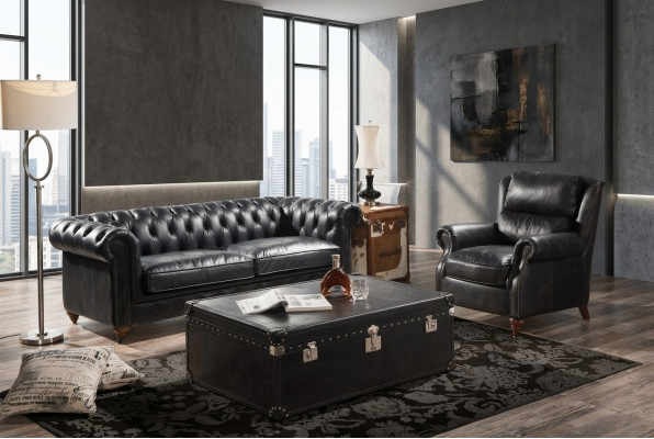 Sofá Chesterfield de 3 plazas con sillón de cuero vintage negro, estilo de muebles en 2 piezas. Nuevo.
