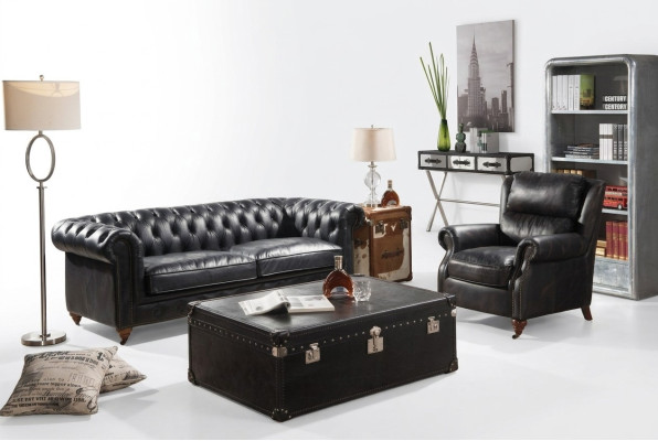 Sofá Chesterfield de 3 plazas con sillón de cuero vintage negro, estilo de muebles en 2 piezas. Nuevo.