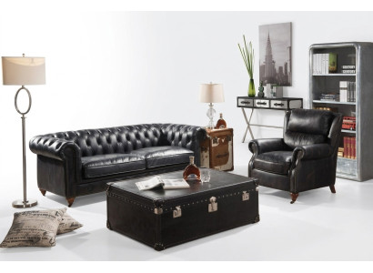 Sofá Chesterfield de 3 plazas con sillón de cuero vintage negro, estilo de muebles en 2 piezas. Nuevo.