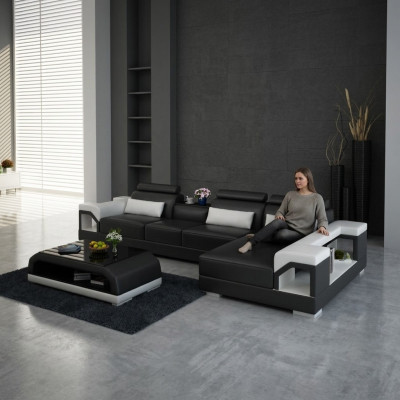 Sofá en forma de L de diseño moderno con USB, conjunto de sofá de esquina de cuero para la sala de estar.