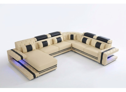 Cuero Acolchado Asiento Diseño Moderno Esquina Sofá Conjunto de salón en forma de U con USB LED