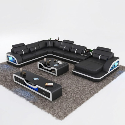 Sofá esquinero negro con mesa de centro de 2 piezas. Set de sofá de cuero para sala de estar con esquinera y mesa.