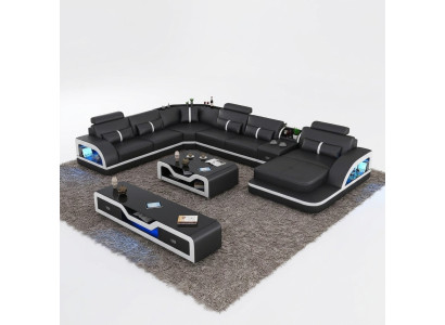 Sofá esquinero negro con mesa de centro de 2 piezas. Set de sofá de cuero para sala de estar con esquinera y mesa.