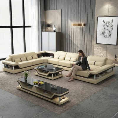 Sofá esquinero beige con mesa de centro, set de sofá de cuero para sala de estar de 2 piezas.
