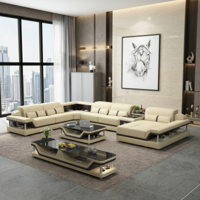 Sofá esquinero beige con mesa de centro, set de sofá de cuero para sala de estar de 2 piezas.