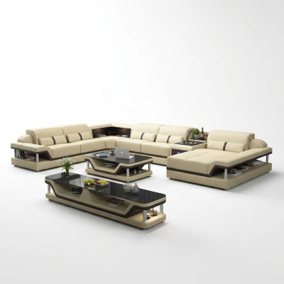 Sofá esquinero beige con mesa de centro, set de sofá de cuero para sala de estar de 2 piezas.
