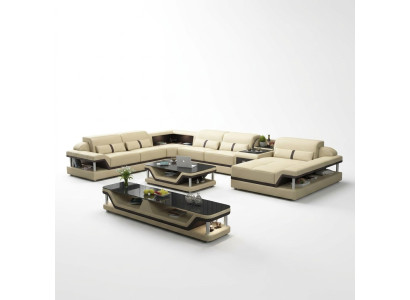 Sofá esquinero beige con mesa de centro, set de sofá de cuero para sala de estar de 2 piezas.