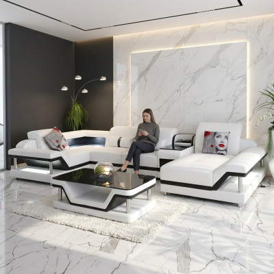 Sofá en forma de U Mesa de centro Conjunto de muebles tapizados Sofá esquinero Diseño Sofá esquinero LED USB