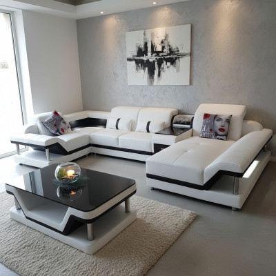 Sofá en forma de U Mesa de centro Conjunto de muebles tapizados Sofá esquinero Diseño Sofá esquinero LED USB