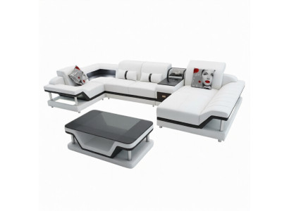 Sofá en forma de U Mesa de centro Conjunto de muebles tapizados Sofá esquinero Diseño Sofá esquinero LED USB