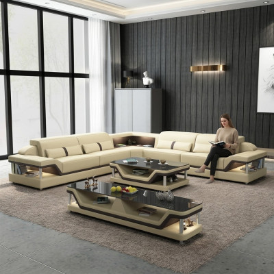 Sofá esquinero negro con mesa de centro de sofá de 3 piezas. Conjunto de sala de estar de sofá de cuero con mesa esquinera.