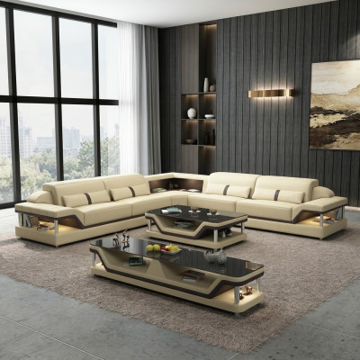Sofá esquinero negro con mesa de centro de sofá de 3 piezas. Conjunto de sala de estar de sofá de cuero con mesa esquinera.