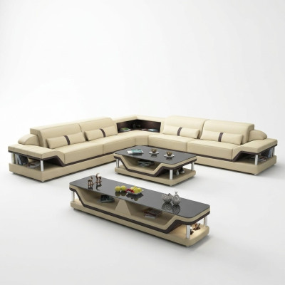 Sofá esquinero negro con mesa de centro de sofá de 3 piezas. Conjunto de sala de estar de sofá de cuero con mesa esquinera.
