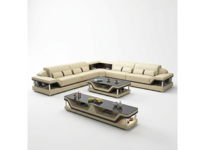 Sofá esquinero negro con mesa de centro de sofá de 3 piezas. Conjunto de sala de estar de sofá de cuero con mesa esquinera.