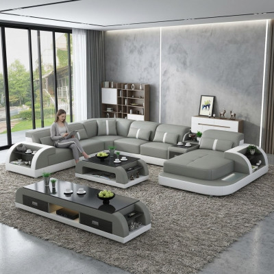 Sofá en forma de U, mesa de centro, aparador, diseño de salón de 3 piezas.