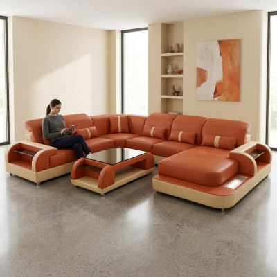 Muebles de salón en forma de sofá de cuero tapizado en forma de esquina sofá sofá de cuero y textil nuevo con puerto USB.