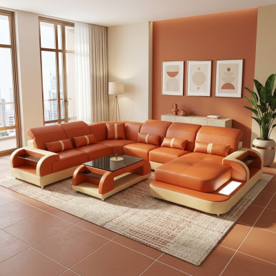 Muebles de salón en forma de sofá de cuero tapizado en forma de esquina sofá sofá de cuero y textil nuevo con puerto USB.